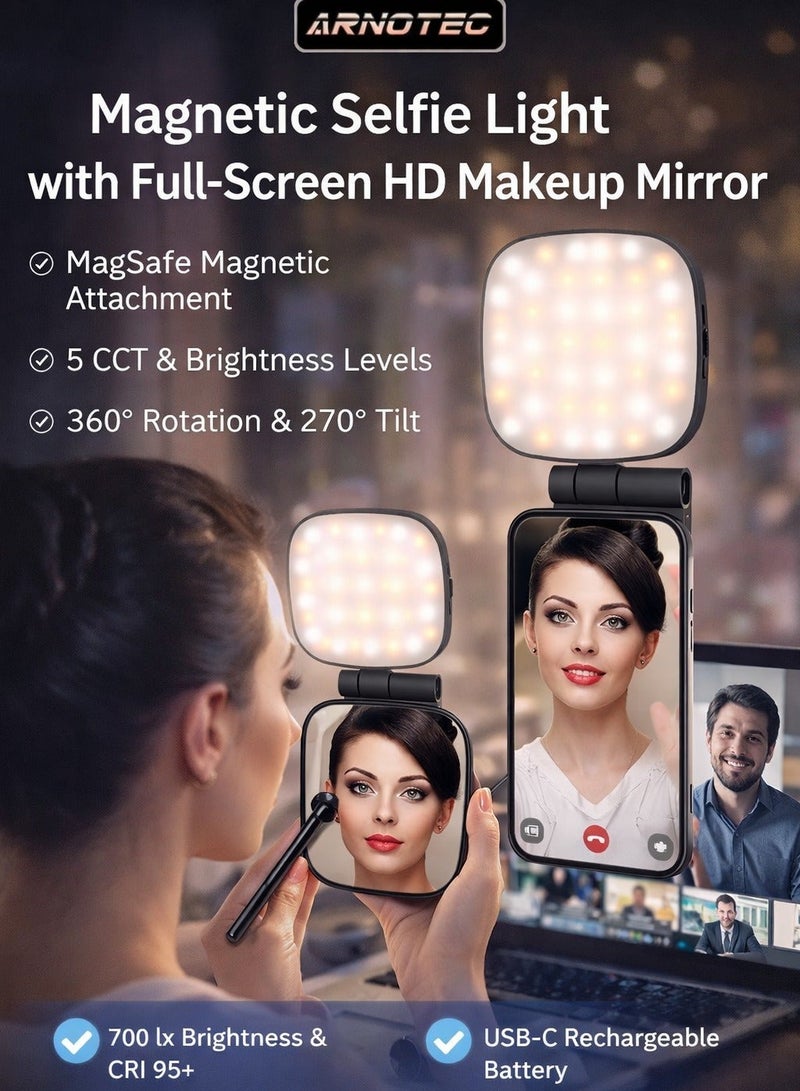 ARNOTEC Magnetic Selfie Light with Full-Screen Makeup Mirror, 700 lx/1.0 ft LED Ring Light with 5 CCT & Brightness Levels, Adjustable Angles, USB-C Rechargeable, Compatible with MagSafe & All Phones for Zoom, Makeup, Photography, Video Calls - Image 3