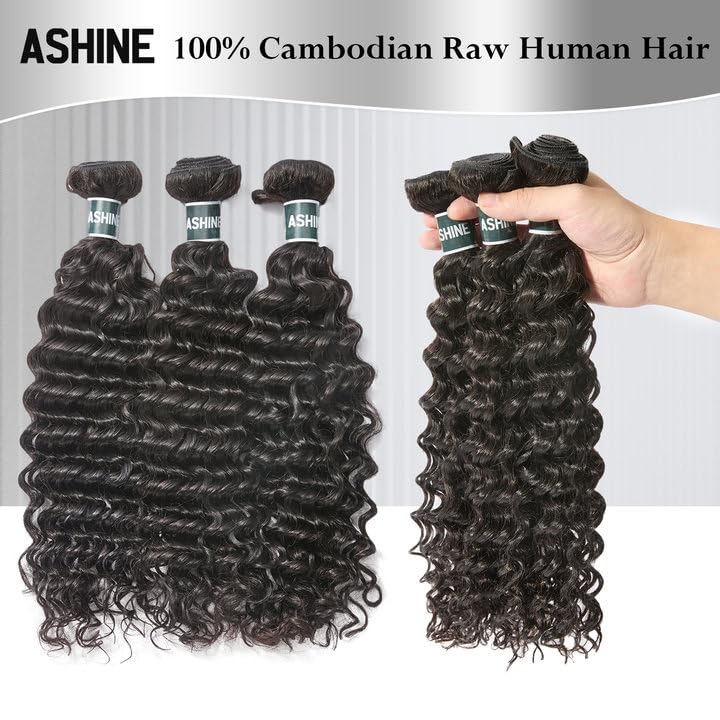 ASHINE Human Hair Bundles Deep Wave Unprocessed Cambodian Raw Hair 16 18 20 Inch, Flip Over Quick Weave Wet and Wave Bundles for Women Natural Black - Image 2