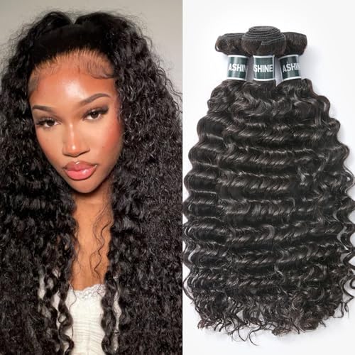 ASHINE Human Hair Bundles Deep Wave Unprocessed Cambodian Raw Hair 16 18 20 Inch, Flip Over Quick Weave Wet and Wave Bundles for Women Natural Black - Image 1