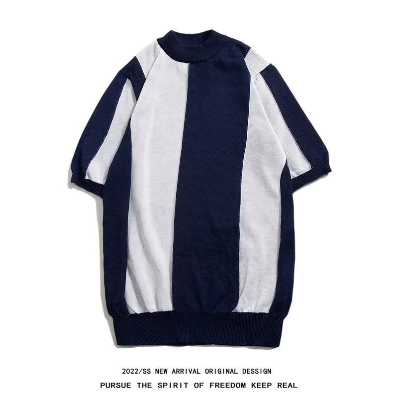 Knitted Short Sleeve Business T-Shirt Round Neck Striped Slim Fit Top - Image 4