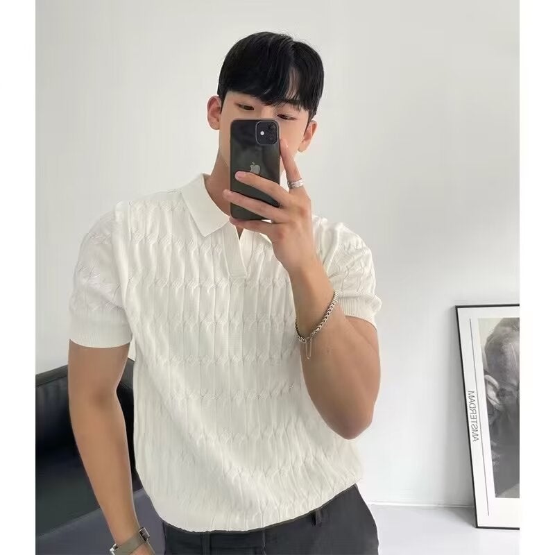 Knitted Short Sleeve Business T-Shirt Round Neck Striped Slim Fit Top - Image 5