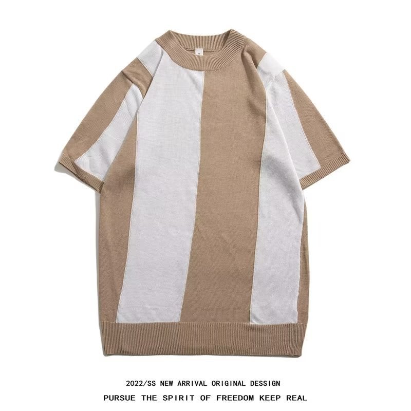 Knitted Short Sleeve Business T-Shirt Round Neck Striped Slim Fit Top - Image 3