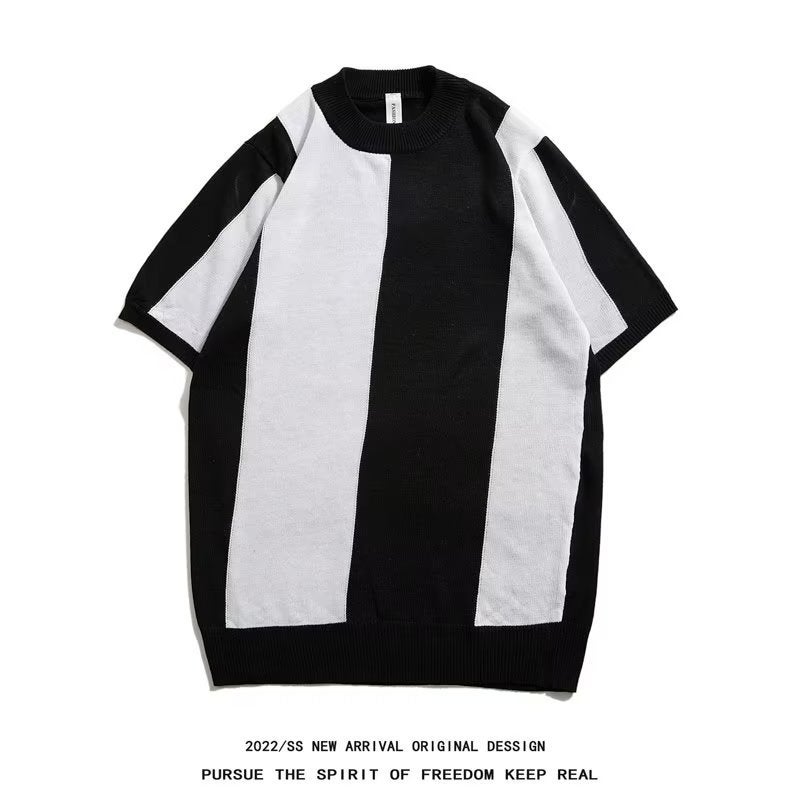 Knitted Short Sleeve Business T-Shirt Round Neck Striped Slim Fit Top - Image 2