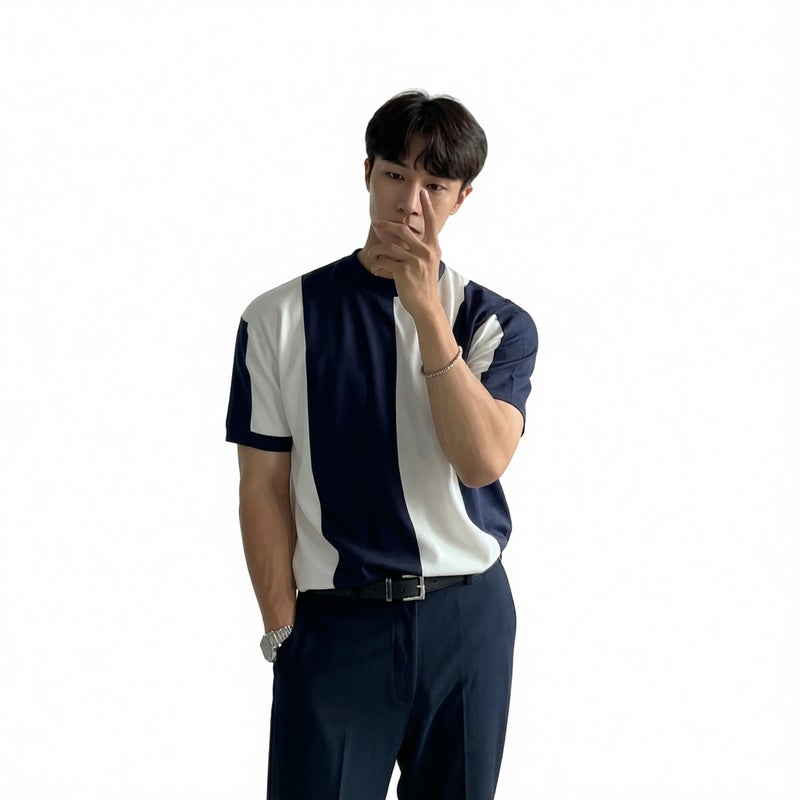 Knitted Short Sleeve Business T-Shirt Round Neck Striped Slim Fit Top - Image 1