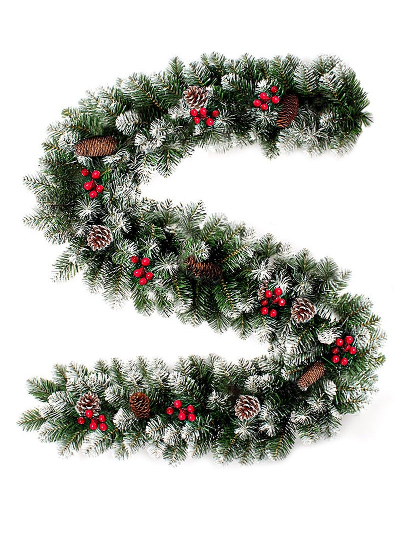 GOOGIC 9FT Flocked Christmas Garland Artificial Snowy Xmas Garland Indoor Outdoor Winter Garland with Pine Cones and Red Berries for Christmas Decorations Table Mantle Room