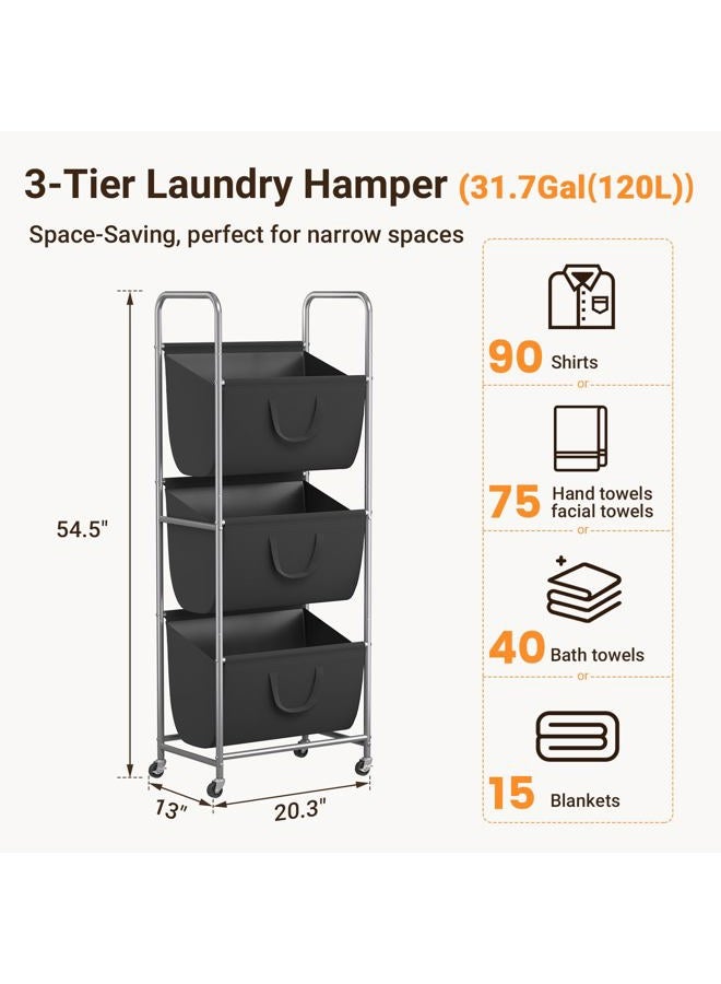 ELYKEN 120L Vertical Rolling Laundry Hamper with Removable Bags, 3 Section Laundry Baskets with Wheels, Space-Saving 3 Tier Laundry Sorter for Small Spaces, Dorm, Bedroom, Bathroom, Laundry Room - Image 3