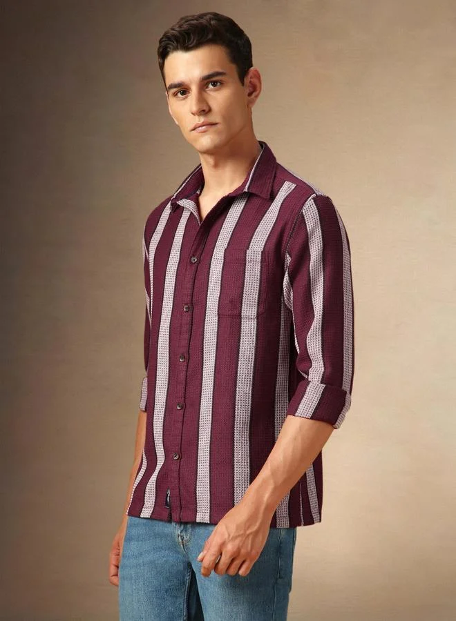 Dennis Lingo Men's Maroon 100% Cotton Striped Button Down Regular FiT-Shirt