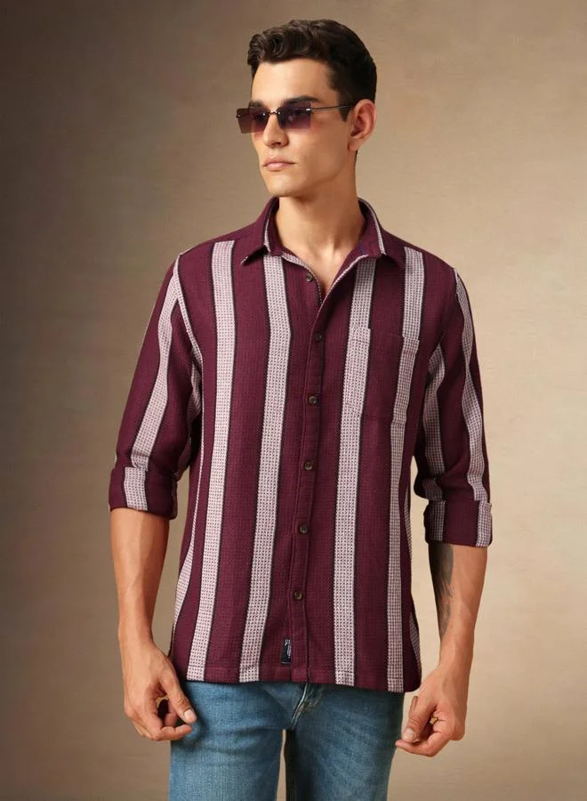 Dennis Lingo Men's Maroon 100% Cotton Striped Button Down Regular FiT-Shirt
