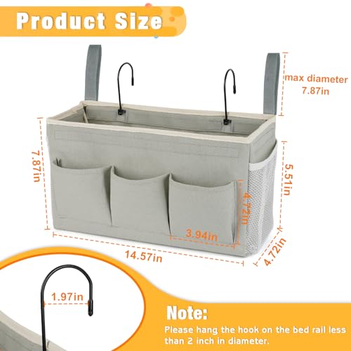Lilithye Bedside Caddy Organizer with Fixed Straps & Water Bottle Holder for Home, College Dorm, Bunk Bed, Hospital & Crib Bed Rails (2 pcs, Grey) - Image 3