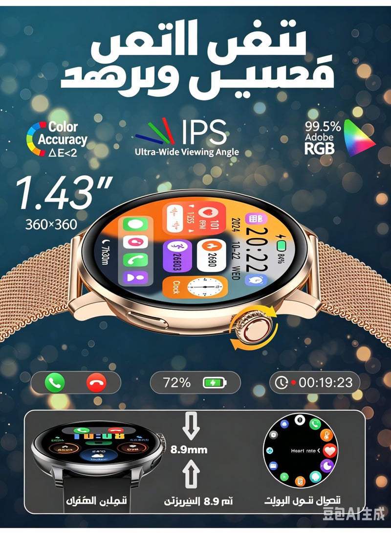 Smart Watch for Women,1.43" Touch Screen Smartwatch for iPhone& Android,Answer/Make Call,Fitness Tracker with Heart Rate/SpO2/Sleep Monitor,IP68 Waterproof,100+ Sports Mode, - Image 2