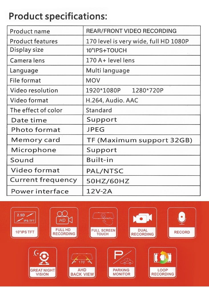 RoadPower - Dash Cam 950 Full Screen Streaming Rearview Mirror Recorder 10" IPS + Touch Screen Full HD 1080P (Support Maximum 32GB Micro SD Card) - Image 1
