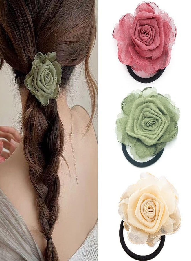 Melodio 3PCS Handmade Rose Flower Stretchy Hair Ties Elastics Bands Hairbands Ponytail Holders Floral Headbands Stretchy Elastic Hair Band Scrunchy 3 Colors - Image 1