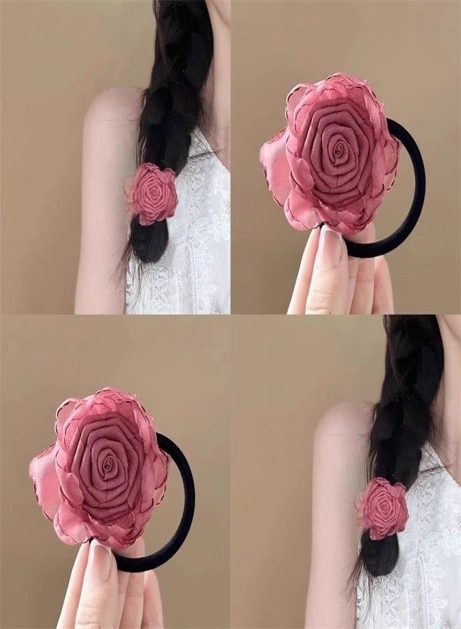 Melodio 3PCS Handmade Rose Flower Stretchy Hair Ties Elastics Bands Hairbands Ponytail Holders Floral Headbands Stretchy Elastic Hair Band Scrunchy 3 Colors - Image 2