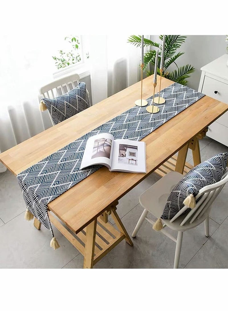 Y&D Table Runner with Tassel, Blue Wavy Stripes Woven Cotton European Tablecloth for Dining Coffee Tv Cabinet Shoe Cabinet, 12x40 Inches  - Image 2