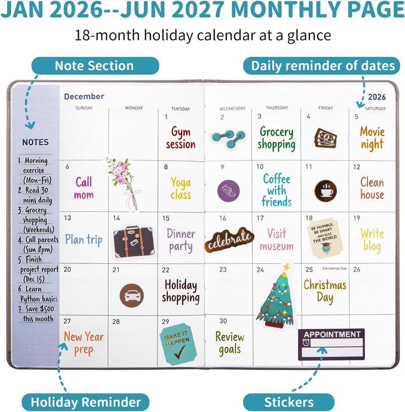 Hahamiya 2026-2027 Leather Planner Weekly and Monthly, 18 Months Calendar Book, From Jan.2026-June 2027,2026 Appointment Book, Daily Agenda,Yearly Teachers Planner(5.7 X 8.5" Grey) - Image 4