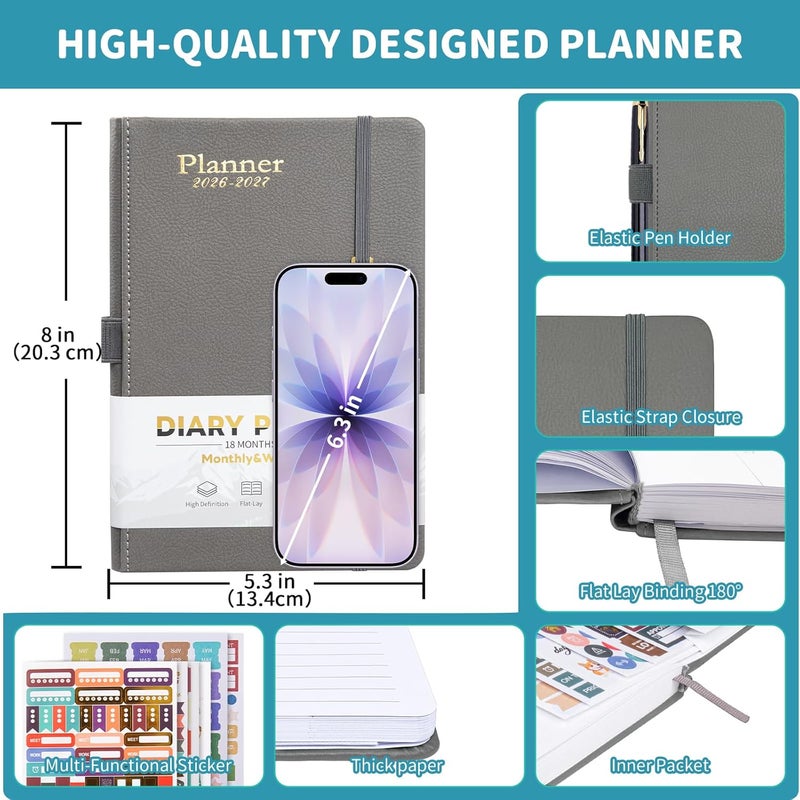 Hahamiya 2026-2027 Leather Planner Weekly and Monthly, 18 Months Calendar Book, From Jan.2026-June 2027,2026 Appointment Book, Daily Agenda,Yearly Teachers Planner(5.7 X 8.5" Grey) - Image 2
