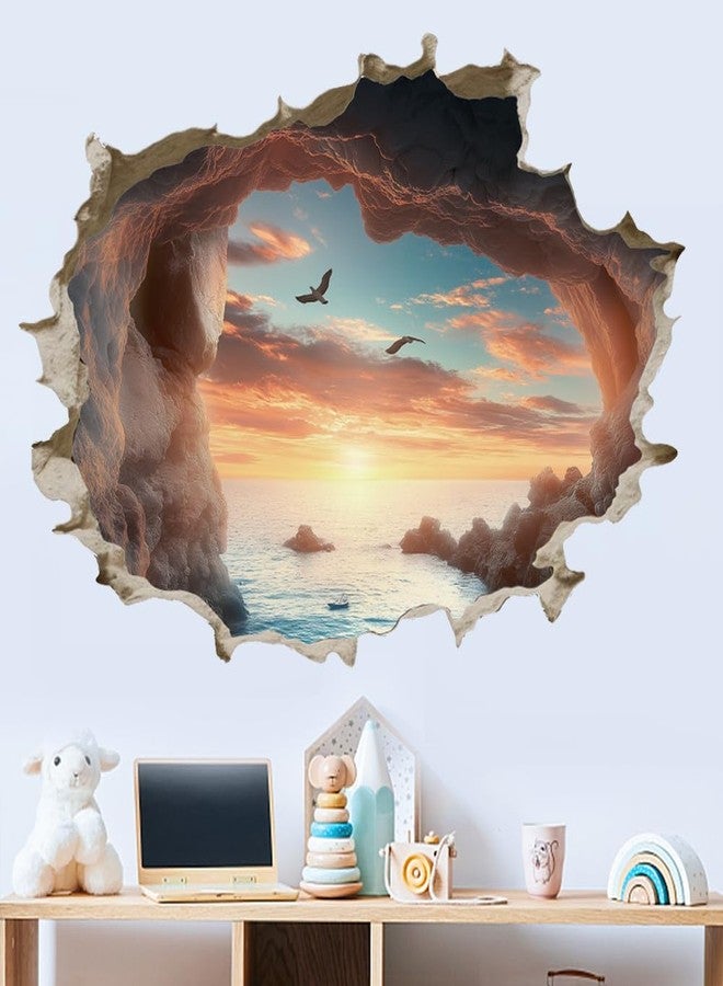 SUPERDANT 3D Cave by The Sea Wall Stickers 3D Broken Wall Decal Cave Seascape Peel and Stick Vinyl Art Decor Seaside Mural for Bedroom Living Room Nursery Bathroom Housewarming Gift - Image 1