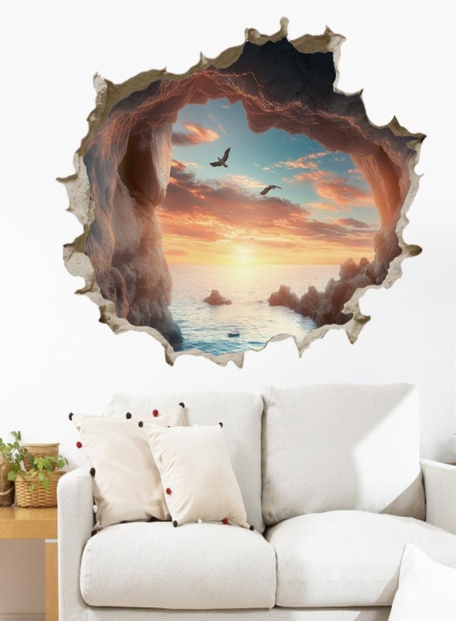SUPERDANT 3D Cave by The Sea Wall Stickers 3D Broken Wall Decal Cave Seascape Peel and Stick Vinyl Art Decor Seaside Mural for Bedroom Living Room Nursery Bathroom Housewarming Gift - Image 4