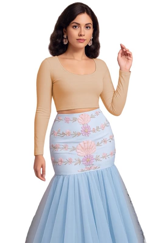 JOVO Readymade Fitted Saree Blouse for Women Full Sleeve Square Round U Neck Regular fit Stretchable Pullon Western Stylish Crop Top NJ1 1059 M Beg Beige - Image 1