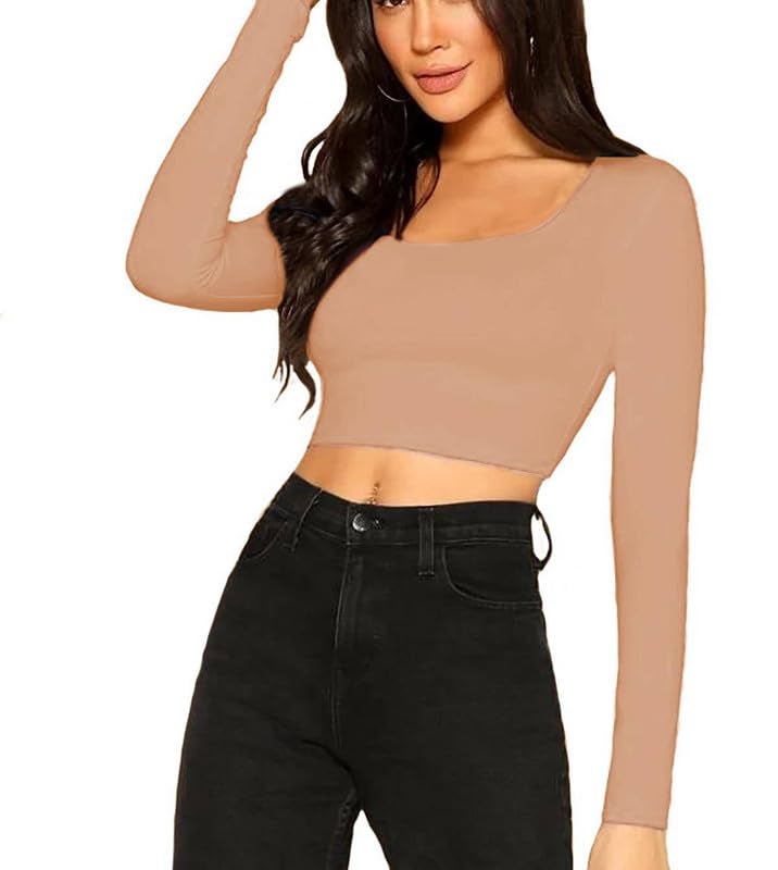 JOVO Readymade Fitted Saree Blouse for Women Full Sleeve Square Round U Neck Regular fit Stretchable Pullon Western Stylish Crop Top NJ1 1059 M Beg Beige - Image 3