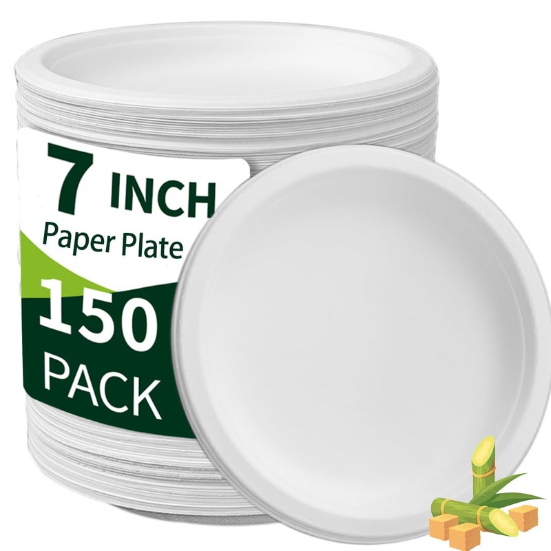 Drihara White Paper Plates 7 Inch (Round,150 Count) Heavy Duty Disposable Dinner Plates Bulk, Small Compostable Dessert Dishes for Party, BBQ and Gathering, Microwave-Safe/Sturdy/Leak Resistant - Image 1