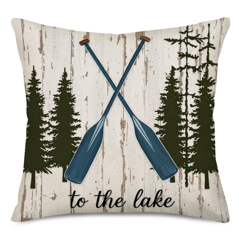 Fukeen Boat Paddle Throw Pillow Covers Cotton Linen Retro Wood Grain with Pine Trees Decorative Pillow Cases Adventure Theme Home Outdoor Decor Standard 18x18 Inch Cushion Cover - Image 1