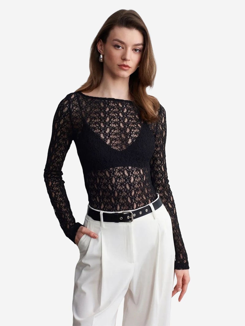 DILVIN Slim Fit Lace Boat Neck Blouse - Image 2