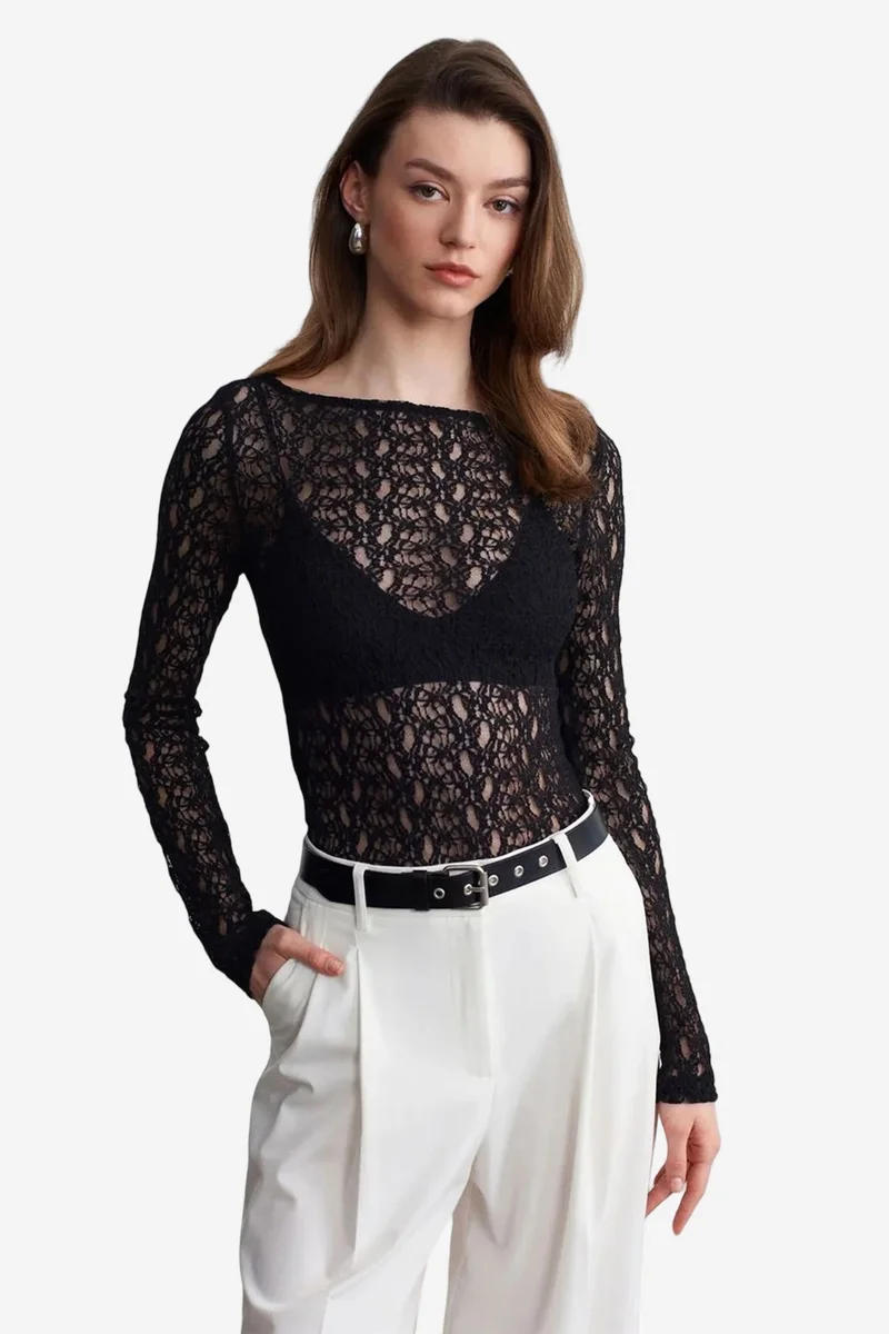 Dilvin Black DILVIN Slim Fit Lace Boat Neck Blouse for Women | Best Price UAE