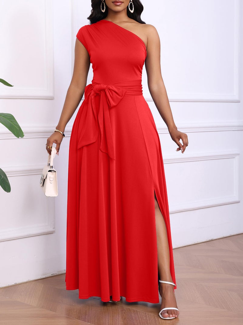 Ekaliy Women's One Shoulder A Line Flowy Maxi Dress for Prom Evening Gown Graduation 2025 Red XL - Image 2