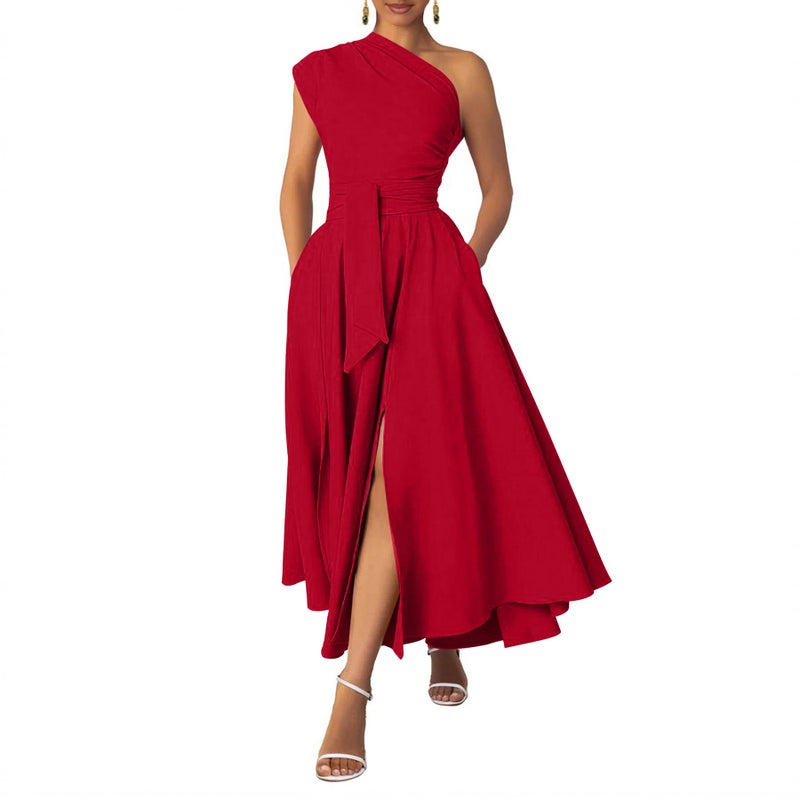 Ekaliy Women's One Shoulder A Line Flowy Maxi Dress for Prom Evening Gown Graduation 2025 Red XL - Image 1