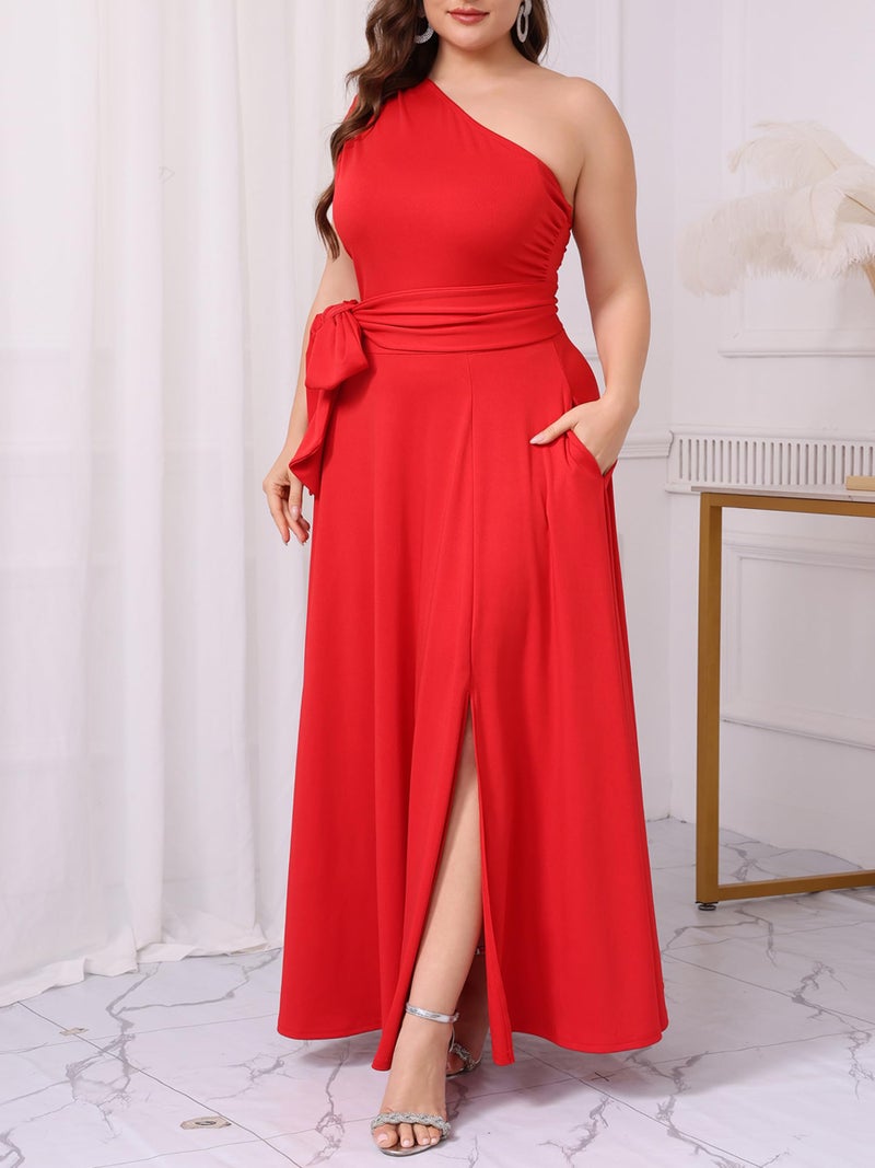 Ekaliy Women's One Shoulder A Line Flowy Maxi Dress for Prom Evening Gown Graduation 2025 Red XL - Image 4
