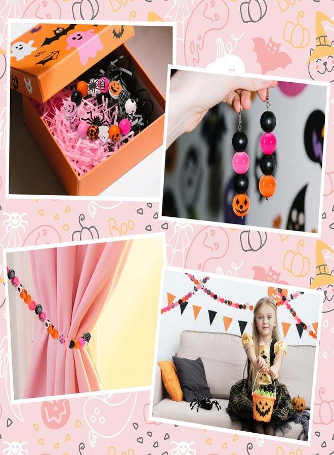 Whaline 235Pcs Halloween Wooden Beads Pumpkin Face Boo Ghost Bat Spider Craft Bead Pink Orange Round Loose Beads for DIY Crafts Bracelet Necklace Making Supplies - Image 5