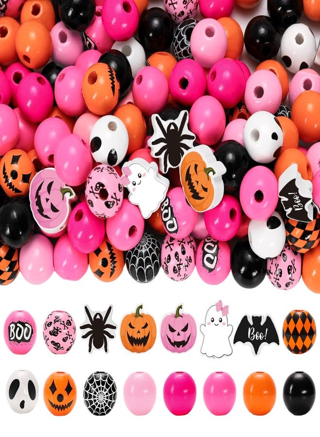 Whaline 235Pcs Halloween Wooden Beads Pumpkin Face Boo Ghost Bat Spider Craft Bead Pink Orange Round Loose Beads for DIY Crafts Bracelet Necklace Making Supplies - Image 1