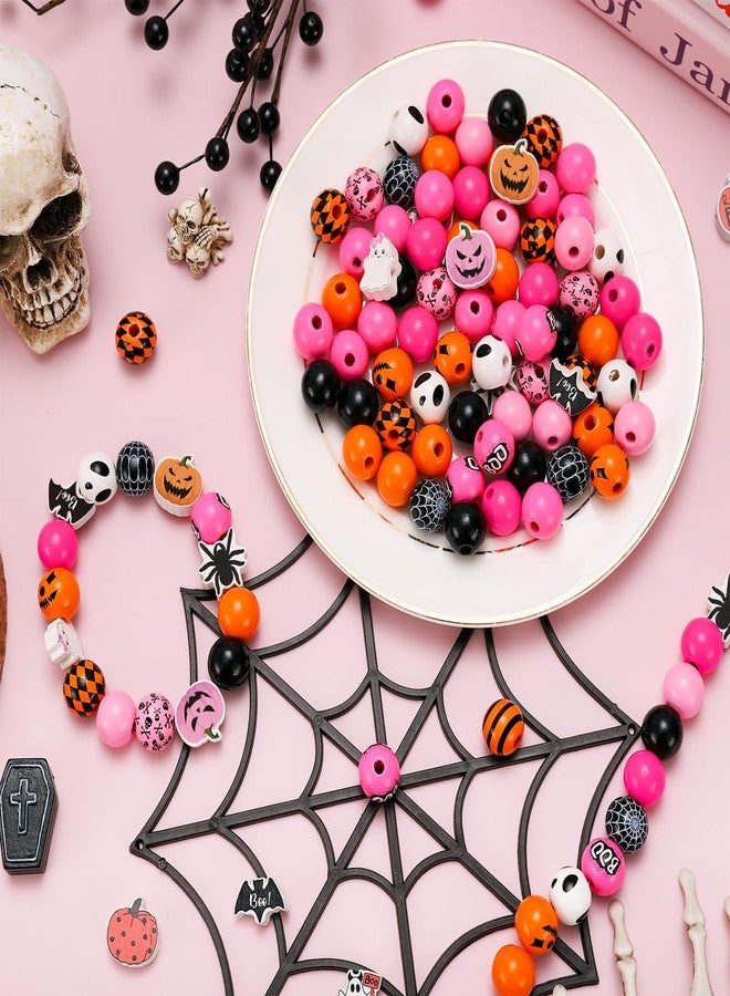 Whaline 235Pcs Halloween Wooden Beads Pumpkin Face Boo Ghost Bat Spider Craft Bead Pink Orange Round Loose Beads for DIY Crafts Bracelet Necklace Making Supplies - Image 4