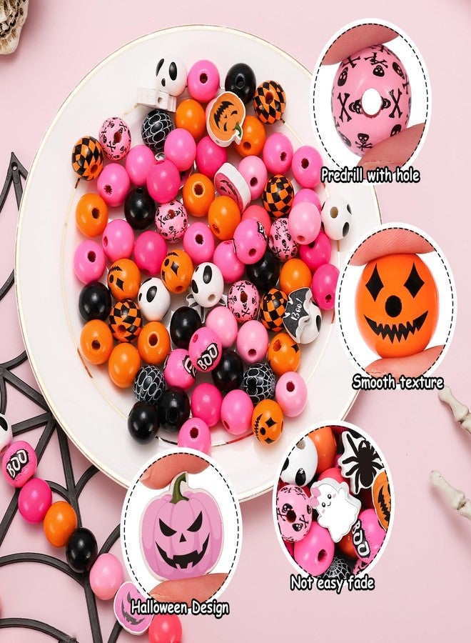 Whaline 235Pcs Halloween Wooden Beads Pumpkin Face Boo Ghost Bat Spider Craft Bead Pink Orange Round Loose Beads for DIY Crafts Bracelet Necklace Making Supplies - Image 3