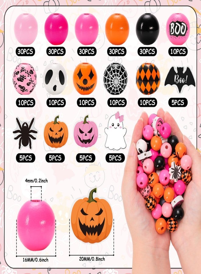 Whaline 235Pcs Halloween Wooden Beads Pumpkin Face Boo Ghost Bat Spider Craft Bead Pink Orange Round Loose Beads for DIY Crafts Bracelet Necklace Making Supplies - Image 2