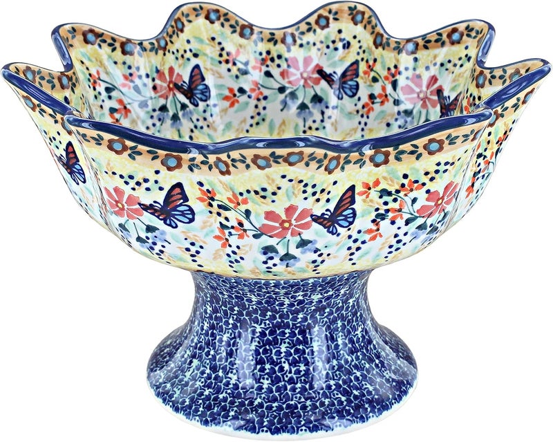 Blue Rose Polish Pottery Blue Butterfly Pedestal Fruit Bowl