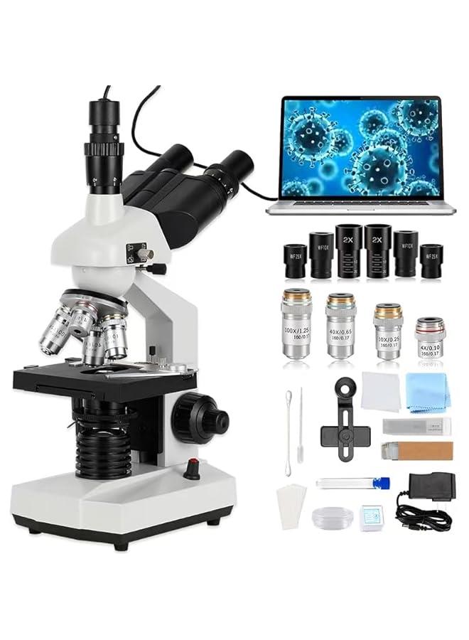 Arabest Compound trinocular Microscope, 40X-5000X Magnification, Digital Laboratory trinocular Compound LED Microscope with USB Camera and Mechanical Stage, WF10x and WF20x eyepieces, Abbe Condenser…  - Image 1