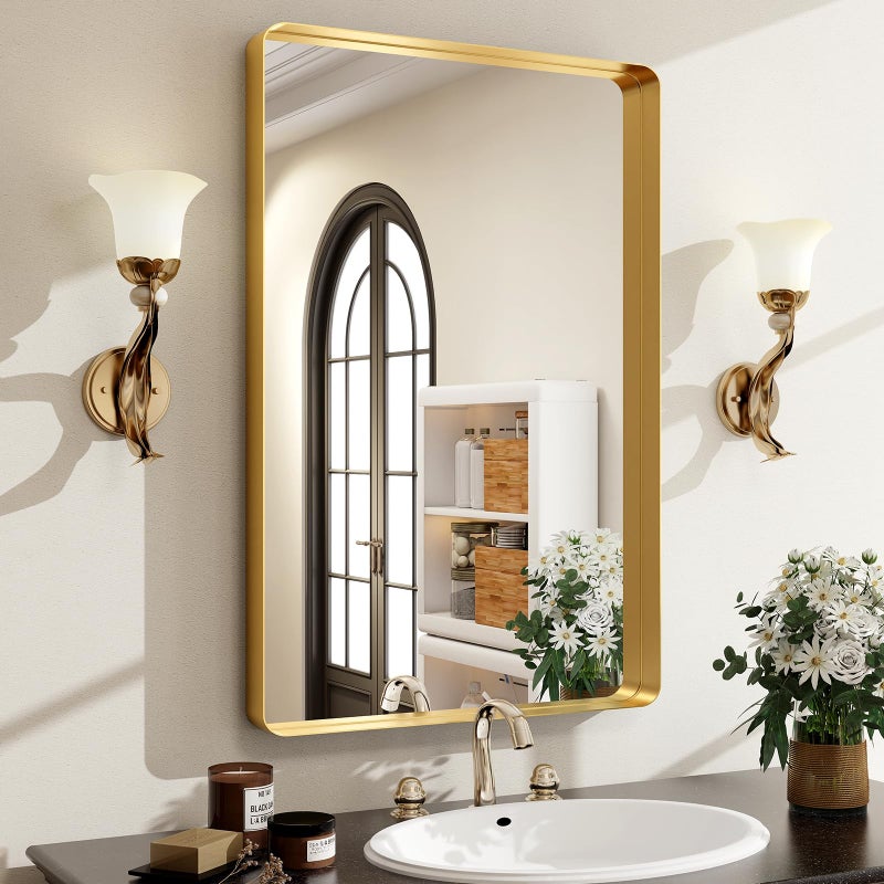 Easly 36 x 24 Inch Gold Bathroom Mirror for Wall,Aluminum Alloy Frame Rectangular Wall Mounted Mirror for Farmhouse Decor Horizontal or Vertical Ideal for Bedroom, Living Room - Image 1