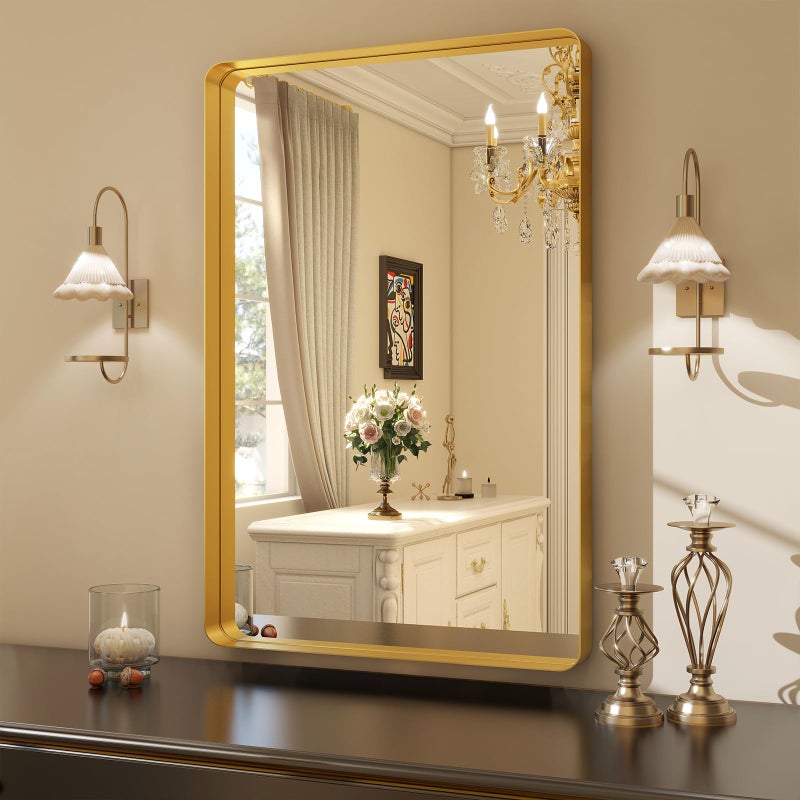 Easly 36 x 24 Inch Gold Bathroom Mirror for Wall,Aluminum Alloy Frame Rectangular Wall Mounted Mirror for Farmhouse Decor Horizontal or Vertical Ideal for Bedroom, Living Room - Image 2