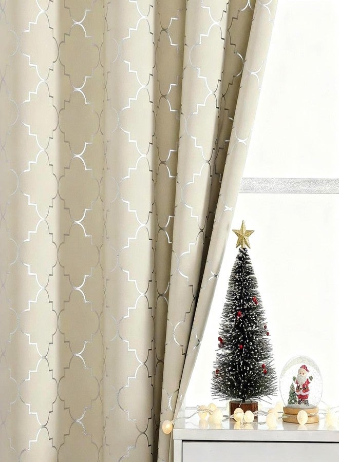 Enactex 100% Full Blackout Curtains Thermal Insulated Drapes 95 Inch Long for Bedroom, Beige Drapery with Silver Geometric Pattern Room Darkening Grommet Window Curtain for Living Room, 2 Panels