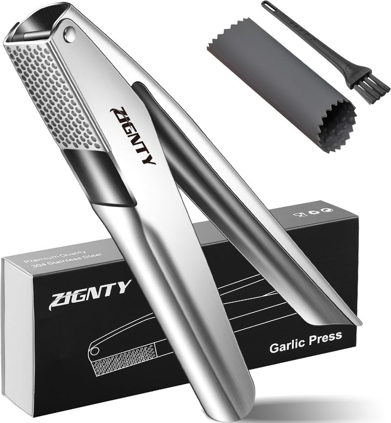 ZIGNTY Professional Garlic Press Stainless Steel，No Need to Peel Garlic Mincer Tool with Large Trough, Dual Lever-Assisted Garlic Presser & Masher Easy Clean, Garlic Crusher Dishwasher Safe Rust Proof - Image 1