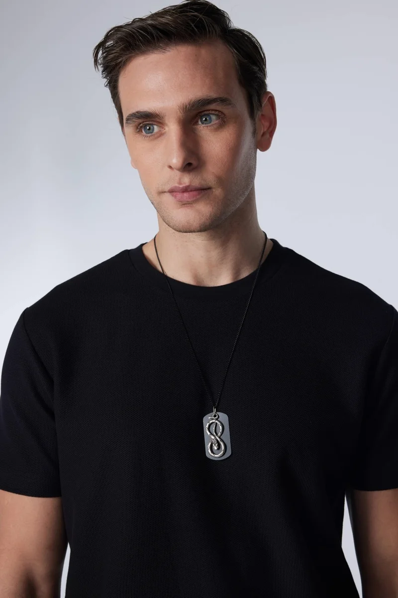 Tudors Men's Slim Fit Narrow Cut Cotton Soft Textured Patterned Black Crew Neck T-Shirt