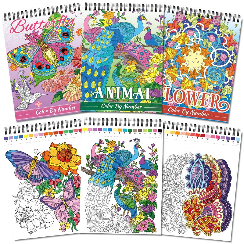 Kalysky Relaxation Adult Coloring Books - Color by Numbers,3 Coloring Books for Adult or Women,Theme - Flower,Butterfly,Animal - Image 1