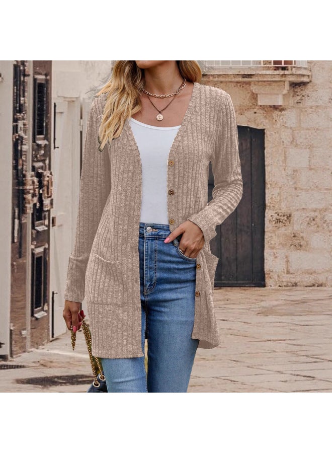 Women's Popular Street Casual Fashion V Neck Long-sleeved Flap Pocket Pants Slim Knitted Cardigan Jacket
