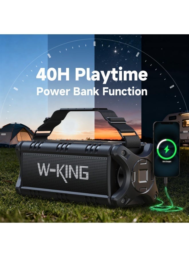 دبليو-كينغ مكبر صوت بلوتوث W-KING، بقوة 50 واط RMS و90 واط كحد أقصى، مكبر صوت محمول للاستخدام الخارجي، مقاوم للماء بمعيار IPX6، مزود بمضخم صوت جهير عميق، يدعم 40 هرتز، ومعادل صوت، وإمكانية الاقتران المزدوج، ومنفذي TF وAUX، مكبر صوت لاسلكي كبير الحجم للحفلات والشواطئ وأماكن العمل - Image 5