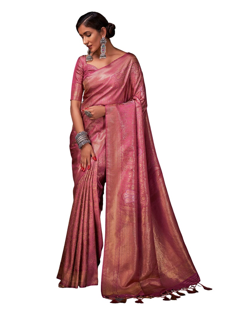 Vardha Women's Kanjivaram Art Silk Saree, Zari Woven, Gold Copper Silver, Unstitched Blouse - Pink Sari Ayana Silk, 538 - Image 1
