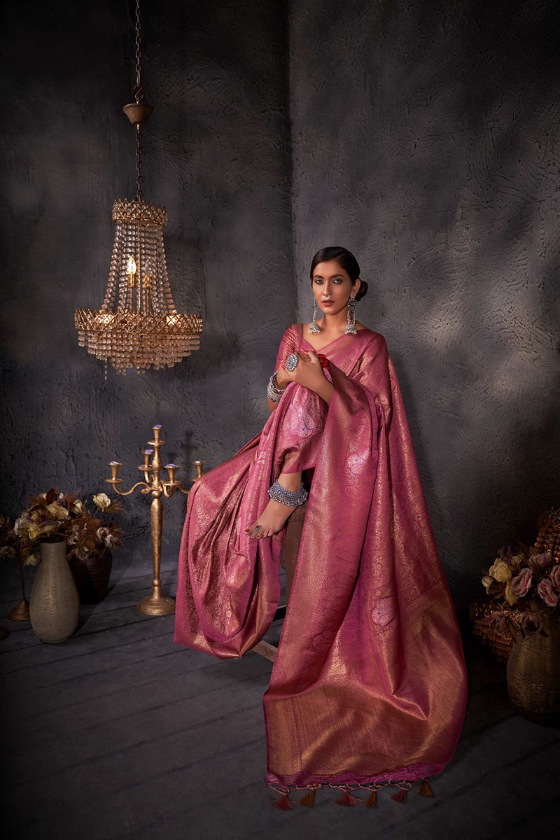Vardha Women's Kanjivaram Art Silk Saree, Zari Woven, Gold Copper Silver, Unstitched Blouse - Pink Sari Ayana Silk, 538 - Image 4