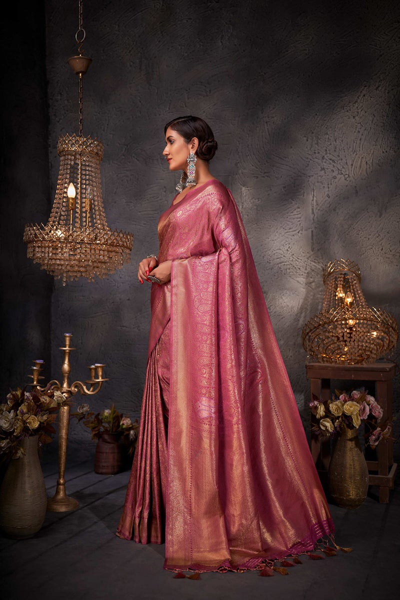 Vardha Women's Kanjivaram Art Silk Saree, Zari Woven, Gold Copper Silver, Unstitched Blouse - Pink Sari Ayana Silk, 538 - Image 3