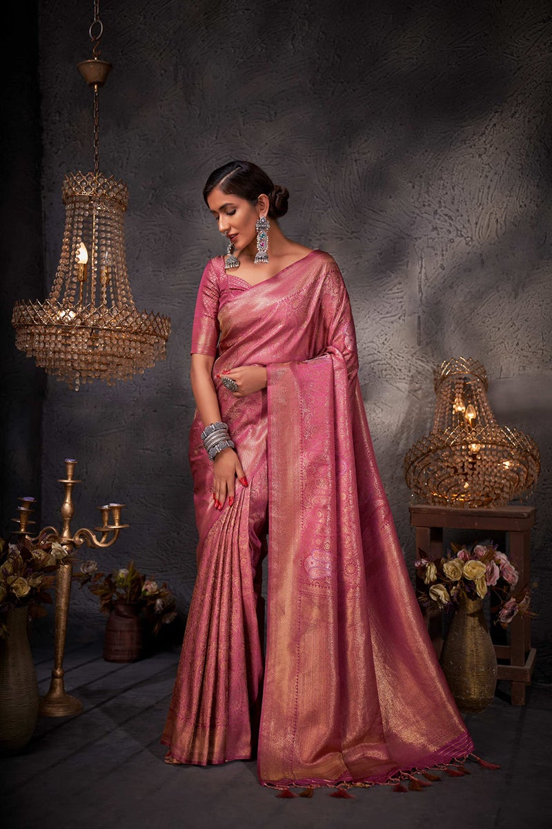 Vardha Women's Kanjivaram Art Silk Saree, Zari Woven, Gold Copper Silver, Unstitched Blouse - Pink Sari Ayana Silk, 538 - Image 2